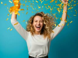 contento mujer celebrando en un sólido antecedentes ai generativo foto