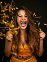 contento mujer celebrando en un sólido antecedentes ai generativo foto