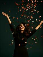Happy woman celebrating on a solid background AI Generative photo