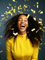 Happy woman celebrating on a solid background AI Generative photo