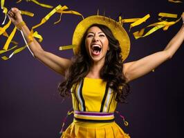 contento mujer celebrando en un sólido antecedentes ai generativo foto