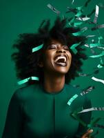 Happy woman celebrating on a solid background AI Generative photo