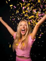 contento mujer celebrando en un sólido antecedentes ai generativo foto