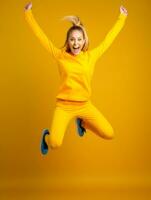Happy woman celebrating on a solid background AI Generative photo