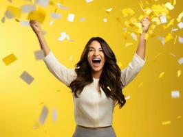 Happy woman celebrating on a solid background AI Generative photo