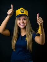 contento mujer celebrando en un sólido antecedentes ai generativo foto