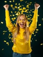 contento mujer celebrando en un sólido antecedentes ai generativo foto