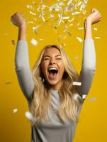 Happy woman celebrating on a solid background AI Generative photo