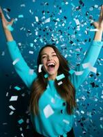 Happy woman celebrating on a solid background AI Generative photo