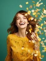 Happy woman celebrating on a solid background AI Generative photo