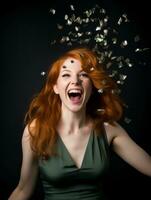 Happy woman celebrating on a solid background AI Generative photo