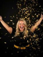 Happy woman celebrating on a solid background AI Generative photo