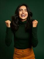Happy woman celebrating on a solid background AI Generative photo
