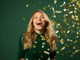 Happy woman celebrating on a solid background AI Generative photo