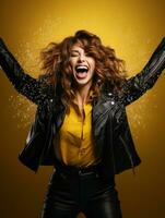 Happy woman celebrating on a solid background AI Generative photo