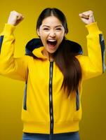 Happy woman celebrating on a solid background AI Generative photo