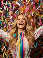 contento mujer celebrando en un sólido antecedentes ai generativo foto