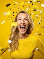 Happy woman celebrating on a solid background AI Generative photo