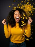 Happy woman celebrating on a solid background AI Generative photo