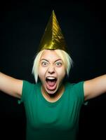 Happy woman celebrating on a solid background AI Generative photo