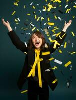 Happy woman celebrating on a solid background AI Generative photo