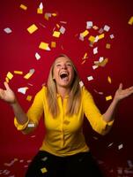 Happy woman celebrating on a solid background AI Generative photo