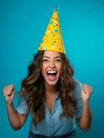 Happy woman celebrating on a solid background AI Generative photo