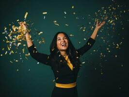 Happy woman celebrating on a solid background AI Generative photo