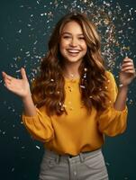 contento mujer celebrando en un sólido antecedentes ai generativo foto