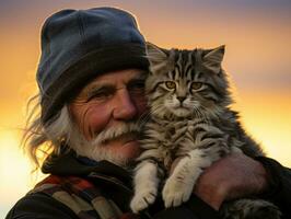 gato siendo acunado por un amoroso propietario ai generativo foto