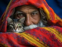 gato siendo acunado por un amoroso propietario ai generativo foto