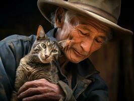 gato siendo acunado por un amoroso propietario ai generativo foto