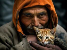 gato siendo acunado por un amoroso propietario ai generativo foto