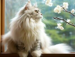 Cat with a serene and meditative look framed by a tranquil garden backdrop AI Generative photo