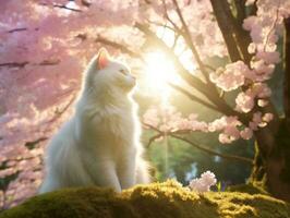 Cat with a serene and meditative look framed by a tranquil garden backdrop AI Generative photo