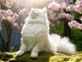 Cat with a serene and meditative look framed by a tranquil garden backdrop AI Generative photo
