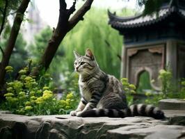 Cat with a serene and meditative look framed by a tranquil garden backdrop AI Generative photo