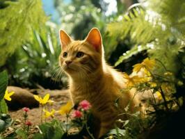 gato con un sereno y meditativo Mira enmarcado por un tranquilo jardín fondo ai generativo foto