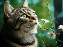 Cat with a serene and meditative look framed by a tranquil garden backdrop AI Generative photo