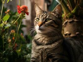 Cat with a serene and meditative look framed by a tranquil garden backdrop AI Generative photo