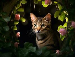 gato con un sereno y meditativo Mira enmarcado por un tranquilo jardín fondo ai generativo foto