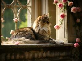 Cat with a serene and meditative look framed by a tranquil garden backdrop AI Generative photo