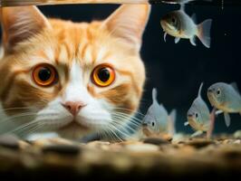 Inquisitive cat peering into an open fish tank with fascination AI Generative photo