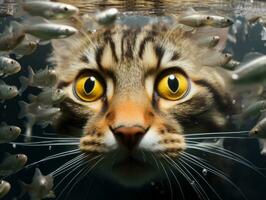 Inquisitive cat peering into an open fish tank with fascination AI Generative photo