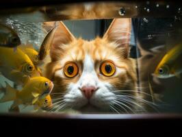 Inquisitive cat peering into an open fish tank with fascination AI Generative photo