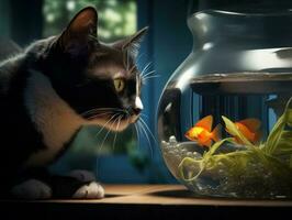 Inquisitive cat peering into an open fish tank with fascination AI Generative photo