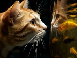 inquisitivo gato mirando dentro un abierto pescado tanque con fascinación ai generativo foto