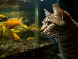 Inquisitive cat peering into an open fish tank with fascination AI Generative photo