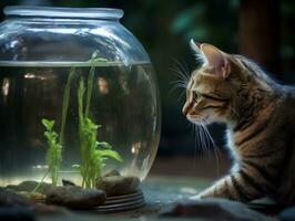 Inquisitive cat peering into an open fish tank with fascination AI Generative photo