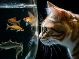 Inquisitive cat peering into an open fish tank with fascination AI Generative photo